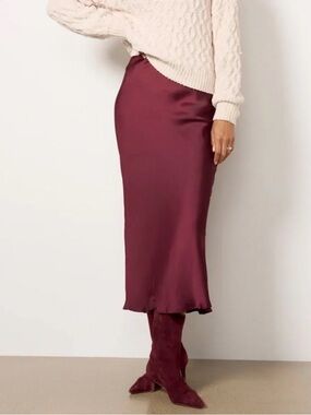 Evereve Satin Slip Midi Skirt Burgundy Wine XL Bias Cut Minimalist Chic